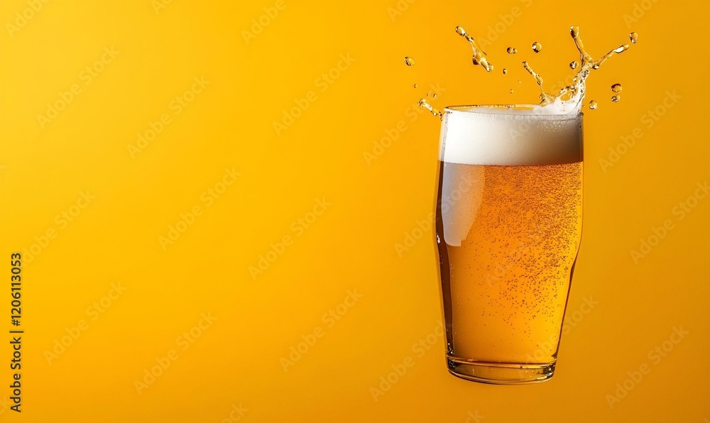 Poster vibrant beer splash with dynamic colors, set against a smooth gradient backdrop, capturing the essen