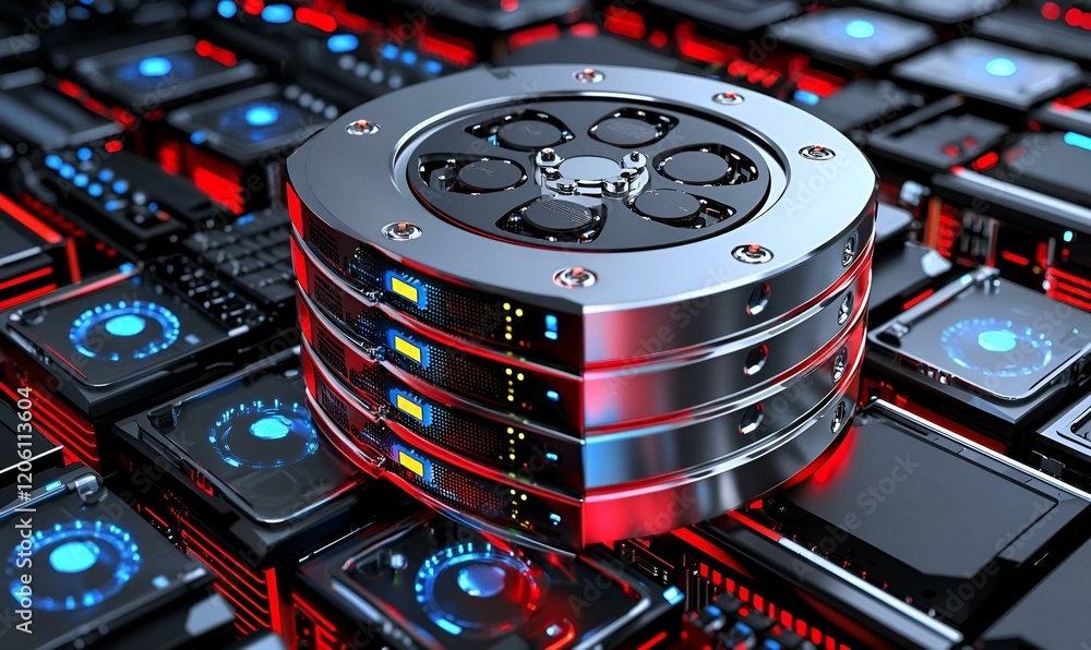 Poster dynamic 3d visualization of layered data storage, showcasing intricate design elements and vibrant c