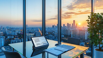 Sunset cityscape view from modern office.