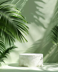 Obraz premium Green tropical background with shadows of palm leaves and a circular stone pedestal in the sunlight