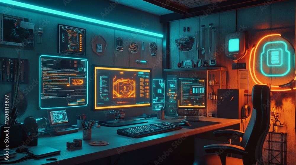Poster neon-lit cyberpunk hacker workspace: futuristic gaming setup