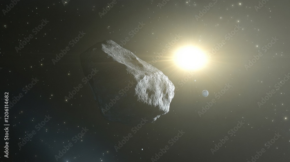 Wall mural asteroid in space with sun and earth in the background