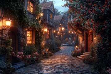 Charming village street with cobblestone paths leading to a welcoming inn, surrounded by lanterns...