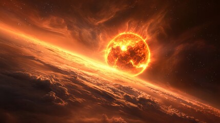 Majestic View of a Fiery Sun Above a Cloudy Horizon in Space