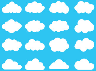 Cloud icons set in a flat design. White, carton cloud collection isolated on transparent background. Cloud, Winter, Summer, Rain, Snow, Blizzard, Umbrella, Snowflake, Sunrise Wind vector