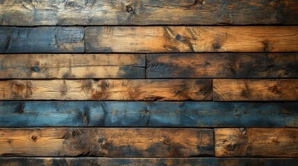 Fototapeta premium A textured wooden wall with a mix of brown and blue tones, ideal for backgrounds or rustic decor.