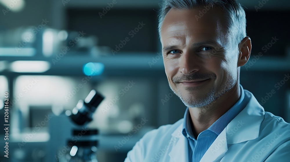 Aufkleber medical research scientist smiling in laboratory setting with microscope