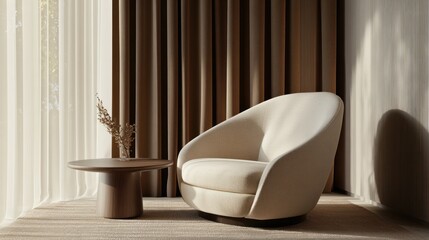 Modern armchair by window with drapes, warm tones