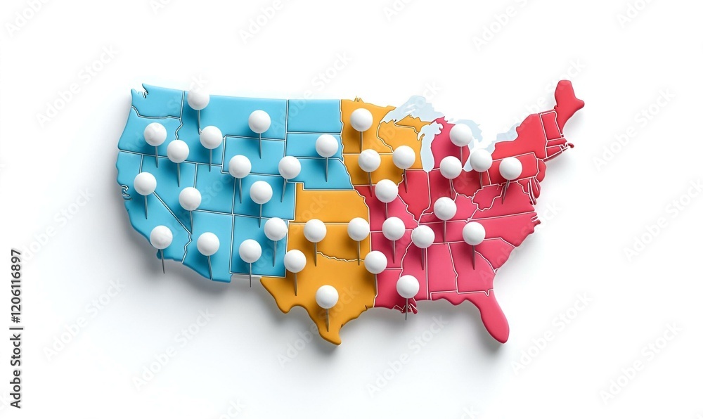 Poster colorful push pin map of the u.s. showcasing vibrant locations, each pin representing a unique desti