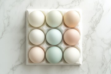 Colorful bath bombs arranged in a neat grid on a marble countertop for a relaxing spa experience