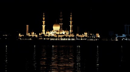 Fototapeta premium Illuminated Mosque at Night Reflecting on Water