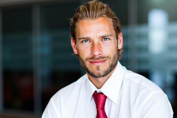 Obraz premium Portrait of a confident businessman smiling in modern office