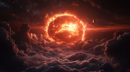Fototapeta premium Cosmic Explosion in Orange and Red Above Billowing Cloudscape
