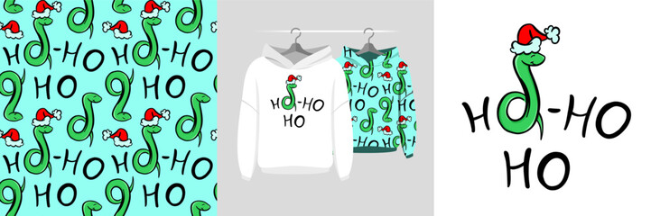 Seamless Christmas pattern and illustration with snakes, Ho-ho-ho text, Happy new year 2025, holidays cartoon cute design for t-shirt, decor, invitation, wrapping