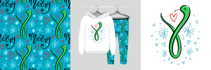 Seamless Christmas pattern and illustration with cute snake and snowflake, Merry text. Baby background, cute design showcased on garments, best for t-shirt print, card, wrapping