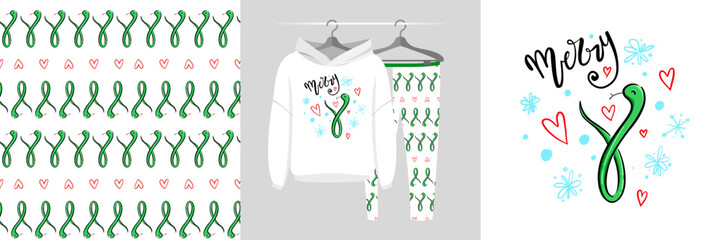 Seamless Christmas pattern and illustration with cute snake and snowflake, Merry text. Baby background, cute design showcased on garments, best for t-shirt print, card, wrapping