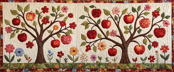 Embroidered apple tree branches with blossoms on quilted backdrop, springtime beauty