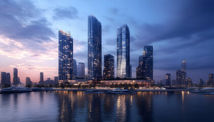 Fototapeta premium Twilight Panorama of Modern Skyscrapers and Harbor in City -