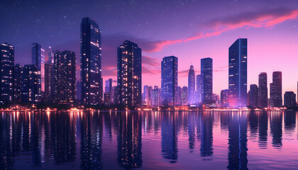 Fototapeta premium Twilight Panorama of Modern Skyscrapers and Harbor in City -