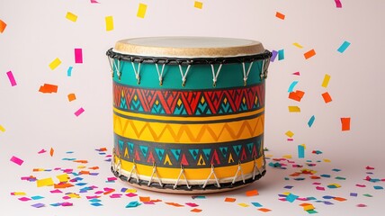 A vibrant drum with colorful patterns, surrounded by confetti, creating a festive atmosphere.