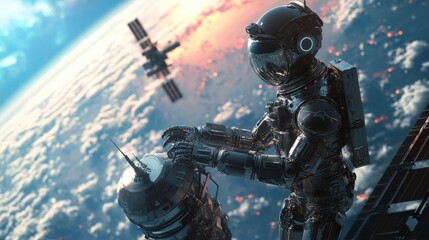 Naklejka premium Astronaut in Space Performing Repairs on Satellite System
