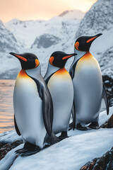 Fototapeta premium Three King Penguins Huddle Together In Snowy Landscape