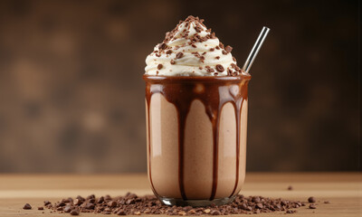 An elegant mocha mousse milkshake, topped with whipped cream, chocolate shavings, and a sprinkle of crushed hazelnuts, served in