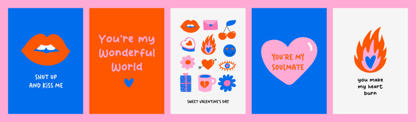 Valentine's Day hand drawn pre-made cards. Template for greeting cards, posters, planners. Vector collection of love symbols and quotes about love.