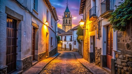 Fototapeta premium Low Light Zafra Street Scene: White Houses, Church Tower, Spain