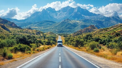 Naklejka premium A truck travels along a scenic road with mountains in the background under a bright blue sky.