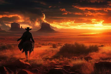 Selbstklebende Fototapeten The rugged beauty of a spaghetti western landscape featuring a lone cowboy.  © Masque