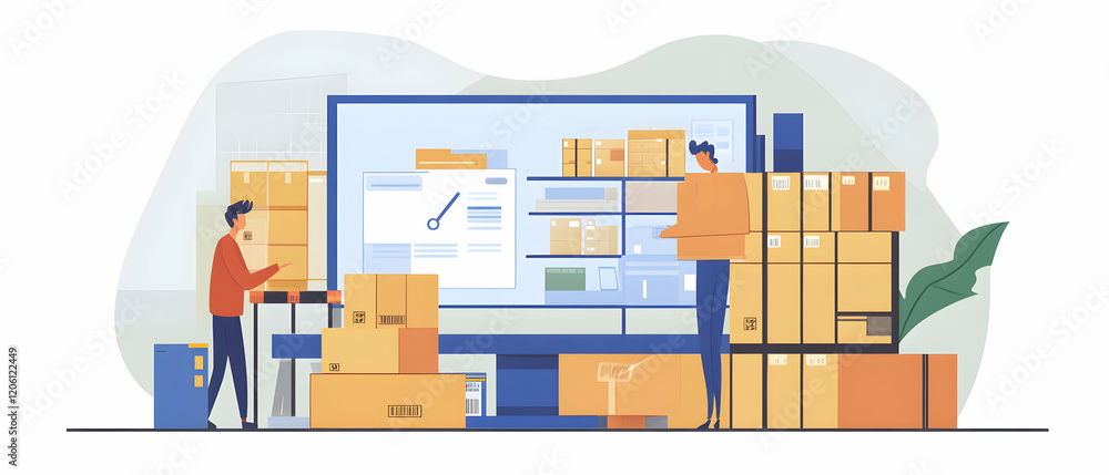 Poster warehouse managers collaborating with logistics teams to optimize processes and meet customer demand