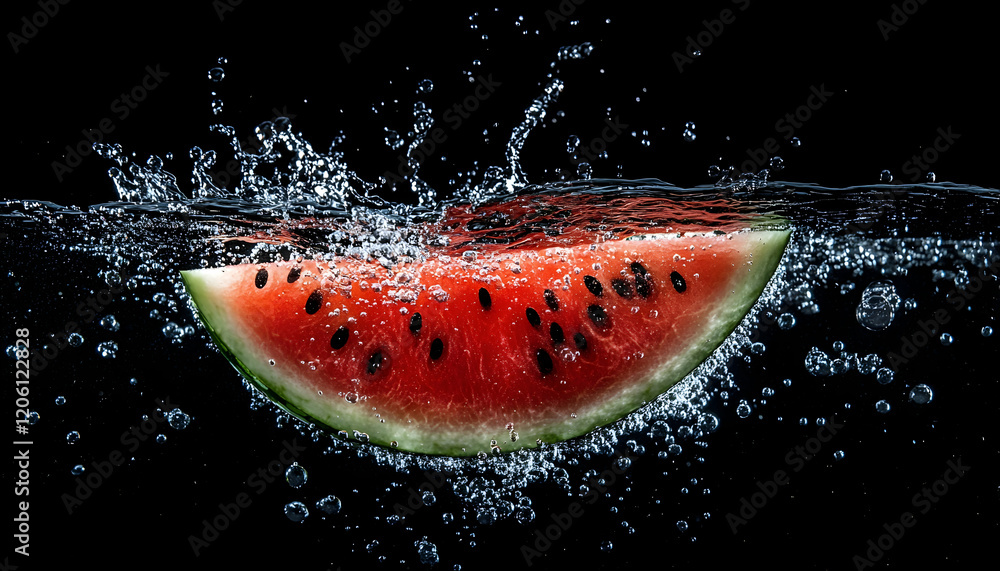 Poster watermelon slice splashing into water with bubbles against a dark background -