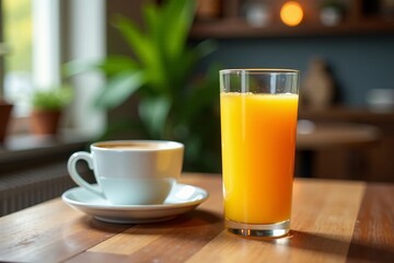 A refreshing glass of orange juice beside a cup of hot coffee on a wooden table.