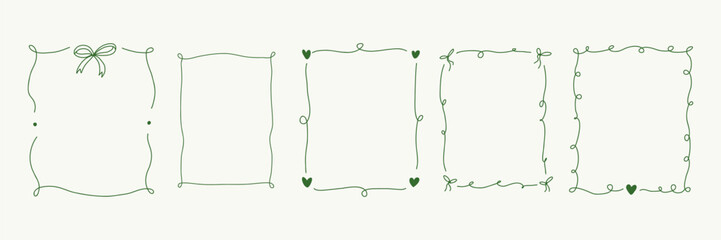 Set of whimsical hand-drawn frames with wavy squiggle curly ribbons in trendy, vintage styles. Vector playful border frames for trendy invitations, cards