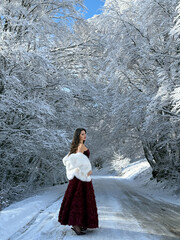 beautiful woman with dark hair in luxurious evening dress with accessories posing in the snowy...