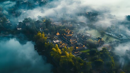 Misty Morning View of a Temple Complex Surrounded by Water and Trees