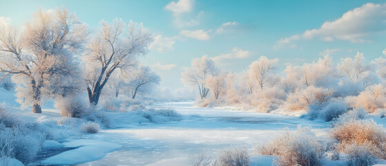 Winter wonderland with snow-covered trees and a frozen river under soft light  -