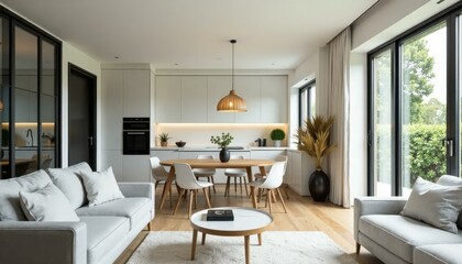 Fototapeta premium Modern Open Plan Living Room & Kitchen with Wood Accents