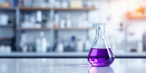 Purple liquid in glass flask on laboratory table. Scientific research experiment in chemistry lab with blurred equipment background. Medical testing concept with copy space