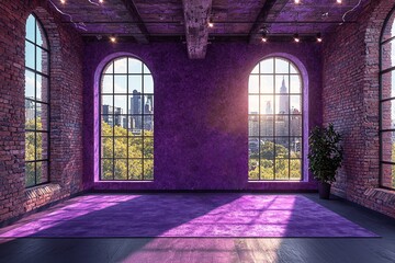 Fototapeta premium A vibrant purple room with large windows showcasing a city skyline and greenery outside.
