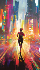 Fototapeta premium Woman running with determination through a vibrant cityscape -