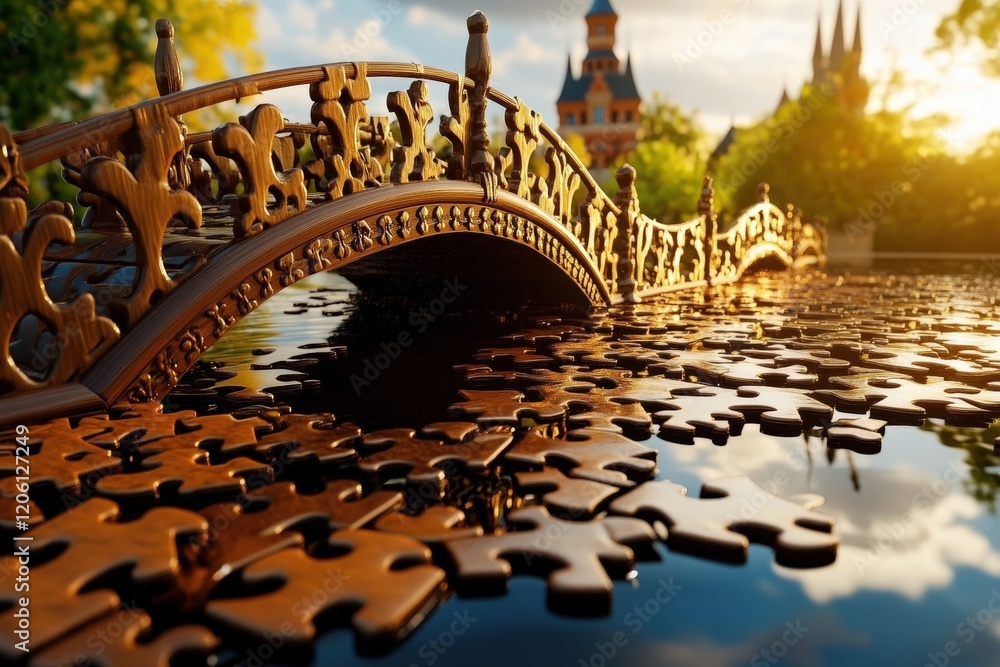 Poster a bridge constructed from puzzle pieces symbolizes the merging of diverse thoughts.