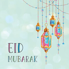 Eid banner design. Eid Mubarak Islamic New Year background template. With star and lantern.
