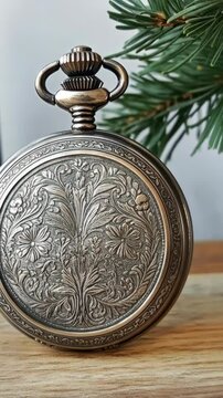 Ornately designed pocket watch displayed next to a pine branch on a wooden surface