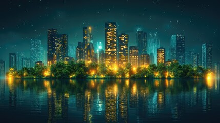 Naklejka premium A vibrant city skyline reflecting on water at night, illuminated by lights and surrounded by greenery.
