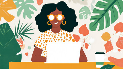 Fototapeta premium Woman working on laptop amidst tropical leaves illustration