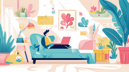 Obraz premium Person Working Remotely in a Stylish Home Office with Abundant Plants