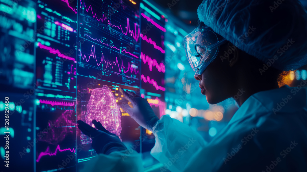 Poster scientist studying 3d brain model on futuristic screen in lab