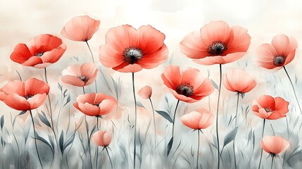 Watercolor Painting of Delicate Coral Poppies in a Field